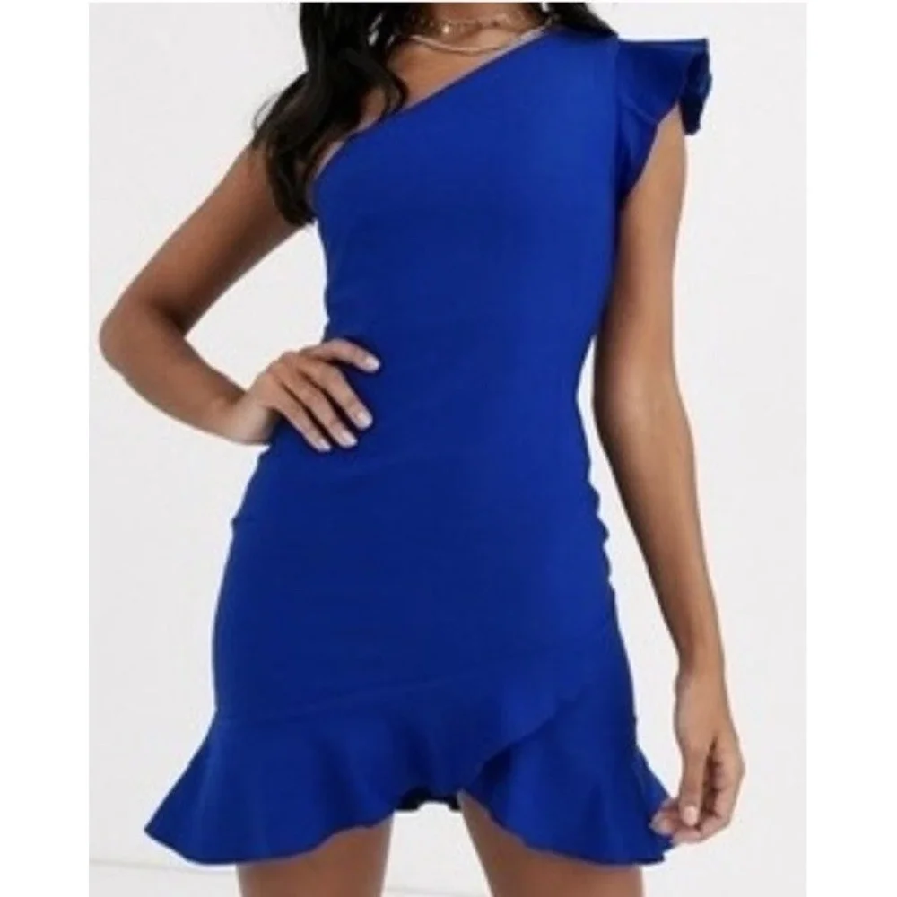 ASOS Vesper Bodycon One Shoulder‎ Ruffle Hem Dress Size 12/14 Party Holiday